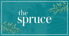 the word, the spruce on a blue background with green leaves and branches around it