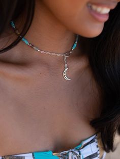 "》D E T A I L S《 ✦ M E T A L : Sterling Silver 925 ✦ S T O N E S : Turquoise ✦ B I R T H S T O N E : December Choose your necklace length in the drop down menu. We recommend to measure your neck to get the right fit. It's easy...just wrap a string around your neck where you want the chain to sit and then you measure the string using a ruler. If you need a shorter or longer chain, please contact me and I'll be happy to make it specially for you. 💎 In the past, the Turquoise used to be the stone Turquoise Jewelry With Moon Charm For Gift, Turquoise Celestial Jewelry With Moon Charm, Celestial Turquoise Jewelry With Moon Charm, Half Moon Necklace, Choker Jewelry, Jewelry Choker, Beaded Accessories, Moon Necklace, Necklace Sterling Silver