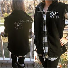 "Monogrammed Fleece Vest! The vests are a unisex fit and 100% polyester Super soft, mid-weight fleece vest. Front zippered pockets and bungee cord zipper pulls.  See second picture above for more details about the vest, size chart and color chart! Select vest color and monogram option from the drop down menus above.  In the \"note to seller\" box at checkout please include the following: 1. Vest Size (Adult Xsmall, Small, medium, large, XLarge) 2. Monogram Font (see font sheet in pictures above) Monogram Vest, Grace Park, Pumpkin Applique, Boys Vest, Applique Shirts, Thread Colors, Columbia Fleece, Bungee Cord, Quarter Zip Sweatshirt