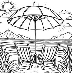 two beach chairs under an umbrella on the beach coloring page for adults and children, black and white