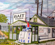 a painting of an ice cream shop on the side of a road