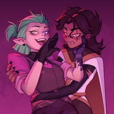 two cartoon characters hugging each other in front of a purple background, one with green hair and the other wearing black gloves