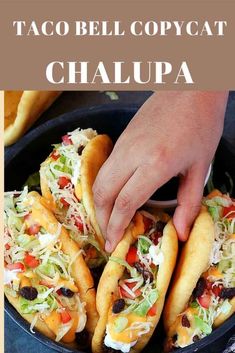 taco bell copycat chaupa in a cast iron skillet with hands reaching for it