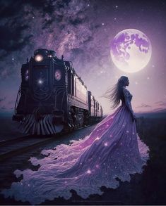 a woman in a long purple dress standing next to a train on the tracks at night