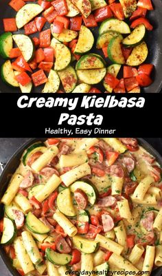 creamy kielbasa pasta with vegetables in a skillet