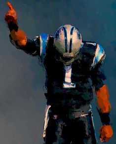 a painting of a football player with his hands in the air