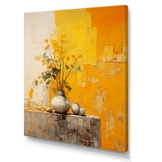 an abstract painting with yellow and white flowers in vases on a ledge next to a brick wall