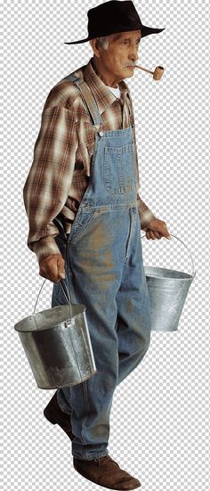 an old man wearing overalls and holding a bucket with a pipe in his mouth