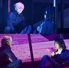 two pictures of the same person sitting on a bench, one with pink hair and another with blue eyes