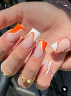 Acrylic Nails Short Design Art Ideas, Gel Medium Nails, White Nails Orange Design, Orange Tip Nails Coffin, Acrylic Nails Gel Polish Ideas, Short French Nails Design Square, Gel Nail Manicure Designs, Spring Medium Nails, Cute Nails For Work