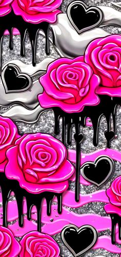 pink roses and black hearts are painted on the wall with melted paint in this image