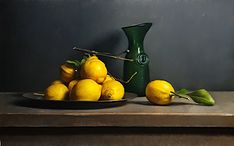 a painting of lemons and a green vase on a table with a black plate