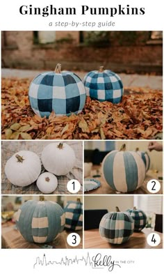 blue and white pumpkins with text overlay that says, how to make gingham pumpkins