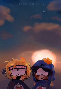 two cartoon characters standing next to each other in front of a night sky with stars