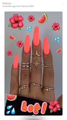 Neon Nails Acrylic Coffin Long, Festival Acrylics, Plain Neon Nails, Neon Pink Nails Aesthetic, Neon Pink Long Nails, Neon Salmon Nails, Ongles Bling Bling, Neon Acrylic Nails