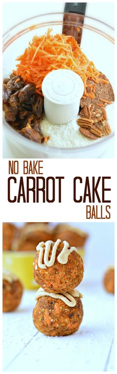 carrot cake balls stacked on top of each other with the words no bake carrot cake balls above them