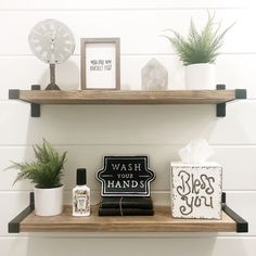 two wooden shelves with various items on them