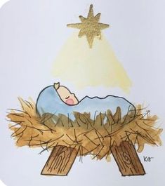 a drawing of a baby jesus in the manger with a star on top of it