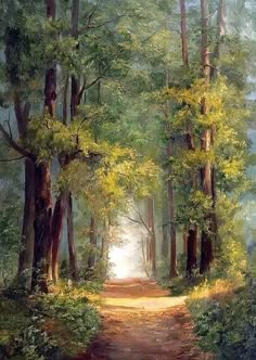 a painting of a path in the middle of a forest with trees on either side