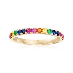 Ross-Simons - .56 ct. Mixed Gemstone Ring in 14kt Yellow Gold. Size 9 May Birthdays, Ruby Wedding Band, July Birthstone Ring, Emerald Birthstone, Multi Gemstone Ring, Gemstone Drop Earrings, Hammered Hoop Earrings, Rainbow Jewelry, Color Play