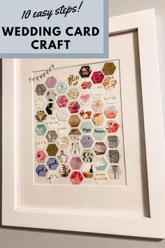 a white frame filled with lots of different types of paper crafts and words that read 10 easy steps wedding card craft