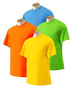 three different colors of t - shirts on mannequins, one is green and the other is orange