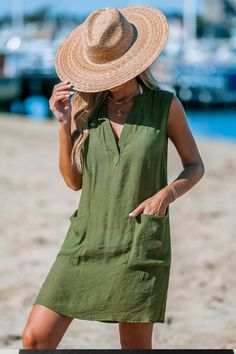 Introducing our Olive Patch Pocket Mini Cover-Up Dress. This versatile piece effortlessly combines functionality with beachside style. Crafted in a lightweight fabric with convenient patch pockets, it's perfect for layering over your favorite swimwear or wearing as a standalone dress. Product code: CAA07B4B031HH Features:  Woven  V-neckline  Sleeveless  Patch pockets  Mini Wash Method: Regular Wash Material: 65%RAYON,35%POLYESTER. Athletic Dress, Make Memories, Beach Look, Dress Cover, Cover Up Dress, Pocket Dress, Lightweight Fabric, Patch Pocket, Fitness Fashion