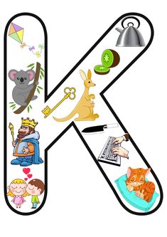 the letter k is made up of pictures of animals, letters and things that are on it