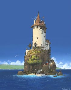 an illustration of a castle on top of a rock in the ocean