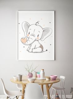 an elephant is sitting on top of a table with two chairs and a vase in front of it