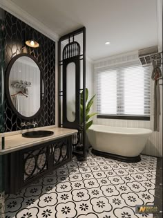 a bath room with a tub a sink and a mirror on the wall next to a window