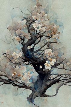 a painting of a tree with white flowers