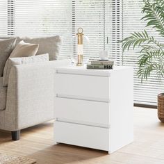 a living room with white furniture and blinds