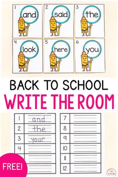 the back to school write the room printable worksheet is shown with text