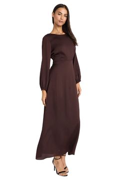 Blousy sleeves and a skin-baring tie-back closure lend romantic charm to this maxi dress that's sure to impress on date night. 55" length
 Ties at back
 Boat neck Long sleeves with elastic cuffs Lined 99% polyester, 1% spandex Machine wash, tumble dry Imported Dark Brown Wedding Guest Dress, Formal Modest Dresses, Dress For Women Wedding, Guest Dress Wedding, Social Dresses, Weekend Dresses, Maxi Dress For Women, Boy Outerwear, Girls Outerwear