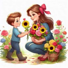 a little boy giving flowers to a woman