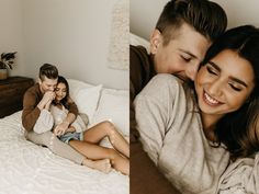 a man and woman laying on top of a bed next to each other in a bedroom