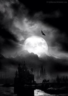 a black and white photo of a castle in front of a full moon with birds flying over it