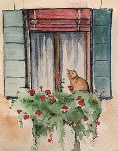 a painting of a cat sitting on a window sill looking out at the outside