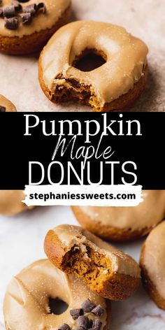 pumpkin maple doughnuts with chocolate chips on top and the words pumpkin maple donuts above them