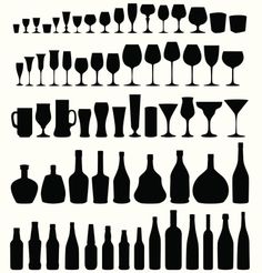 black and white silhouettes of wine glasses, bottles and vases on a white background