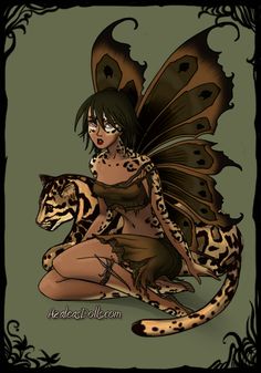 a woman in leopard print sitting on the ground next to a cat and butterfly wings