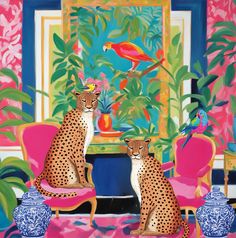 two cheetah sitting on chairs in front of a painting with birds and flowers