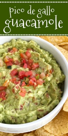 a white bowl filled with guacamole surrounded by tortilla chips and salsa