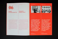 an orange and white brochure is open to show information about the company's history