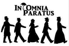 silhouettes of people walking in the street with an umbrella over their heads and text that reads, in comnia paratus