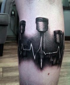 Sound Wave Piston Tattoo On Man #UltraCoolTattoos Stile Pin Up, Truck Tattoo, Bike Tattoos, Biker Tattoos, Geniale Tattoos