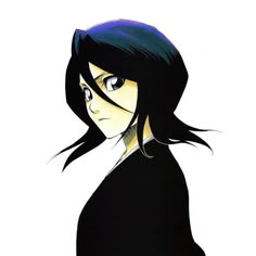 an anime character with long black hair and dark eyes, wearing a black shirt is looking at the camera