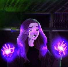 a woman with purple hair holding two glowing hands