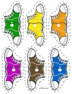 four pairs of shoes with different colors and sizes are shown in the shape of cut outs